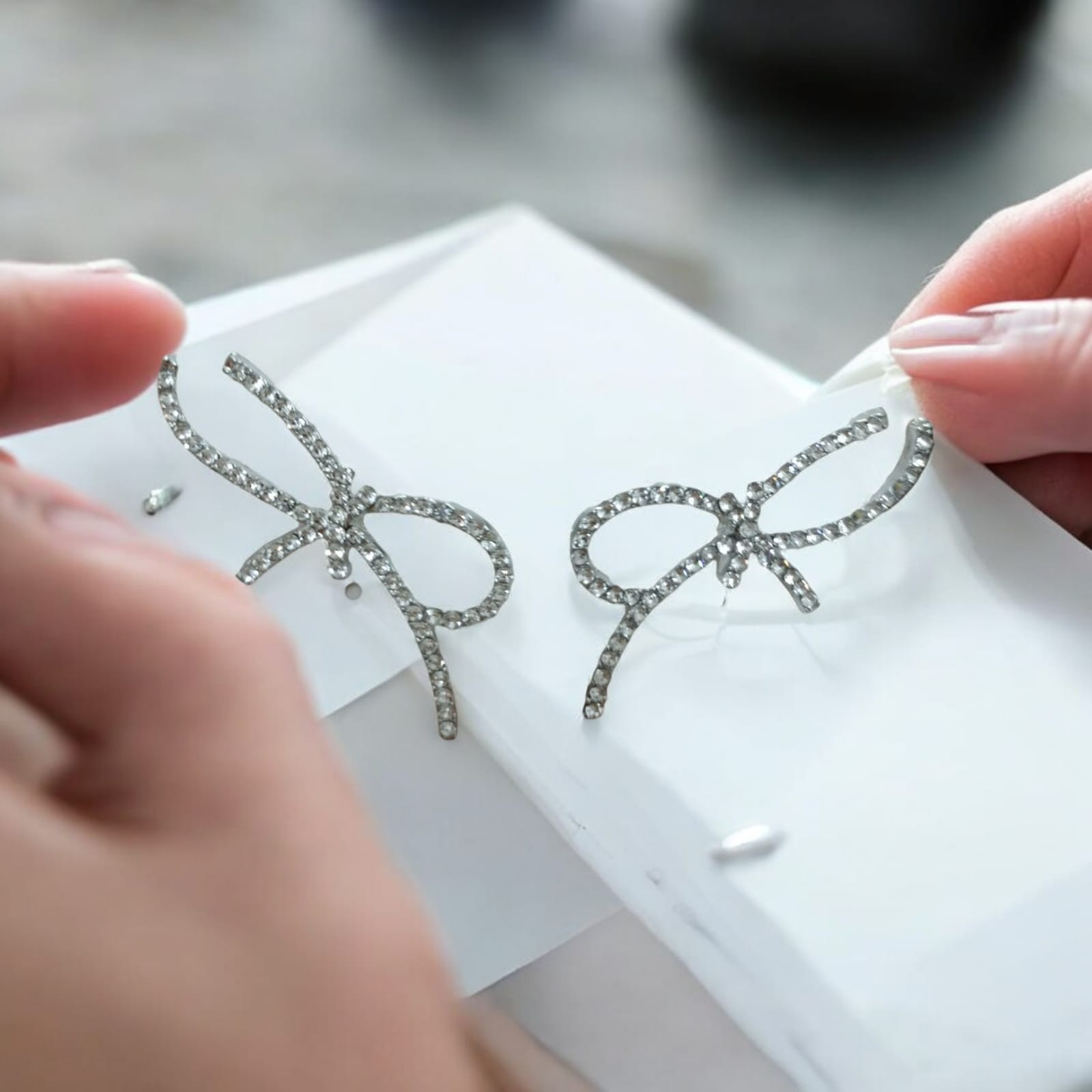 Silver Crystal Bow Statement Earrings for Women - Image 2