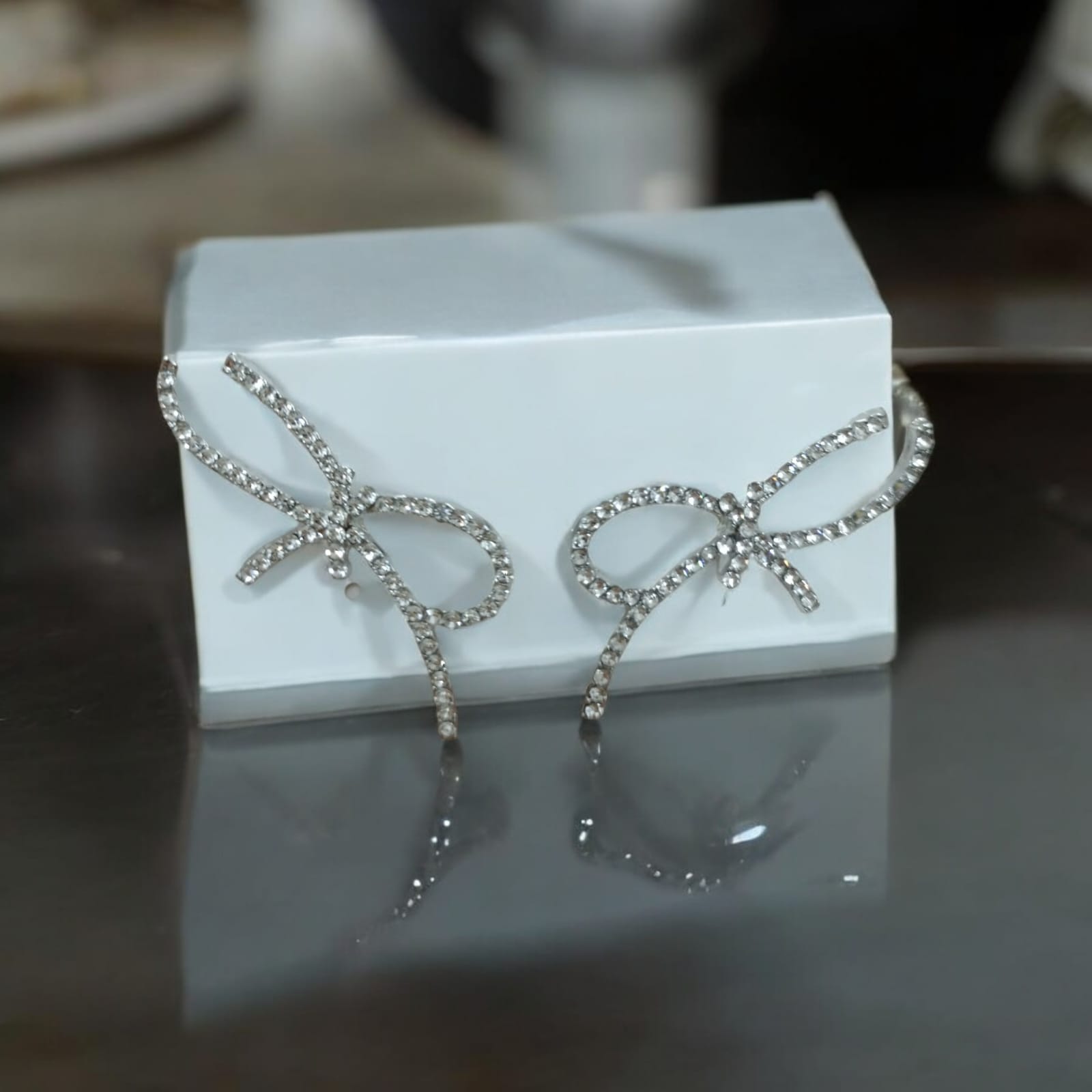 Silver Crystal Bow Statement Earrings for Women